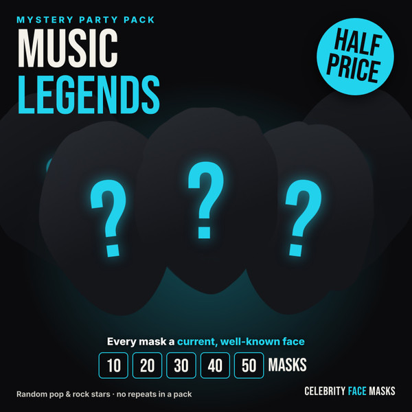 Mystery Music Legends celebrity face mask party pack, half price, 10 to 50 masks