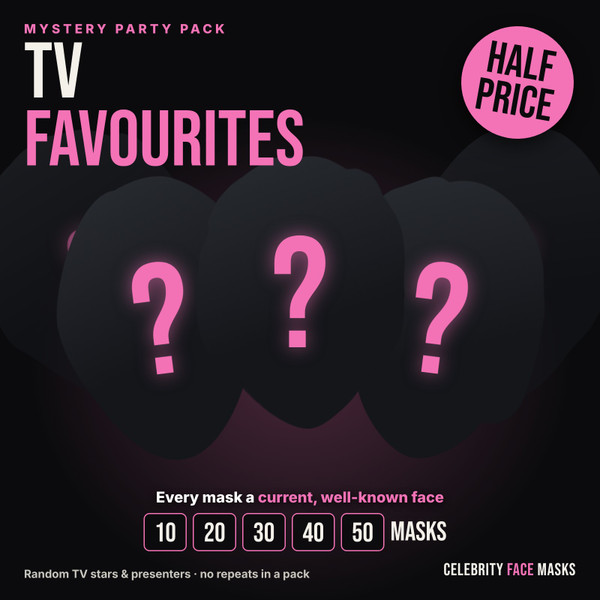 Mystery TV Favourites celebrity face mask party pack, half price, 10 to 50 masks