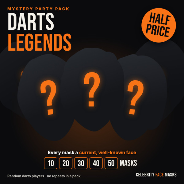 Mystery Darts Legends celebrity face mask party pack, half price, 10 to 50 masks