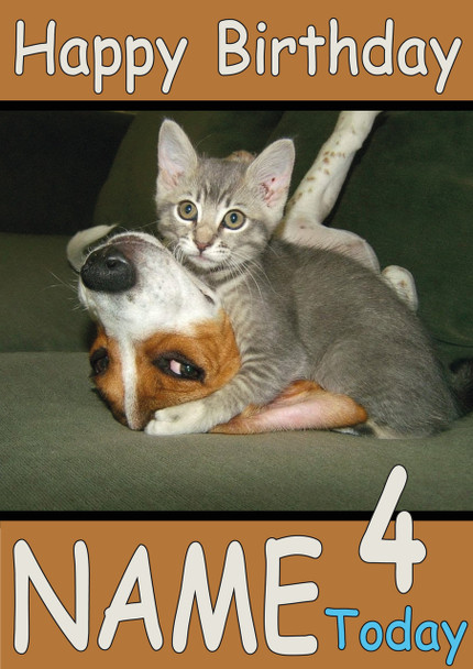 Kitten Hugging Dogs Head Personalised Birthday Card