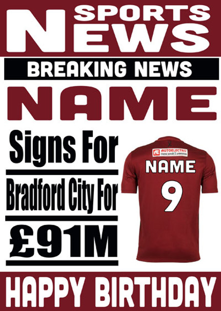 Signed For Bradford City Personalised Card