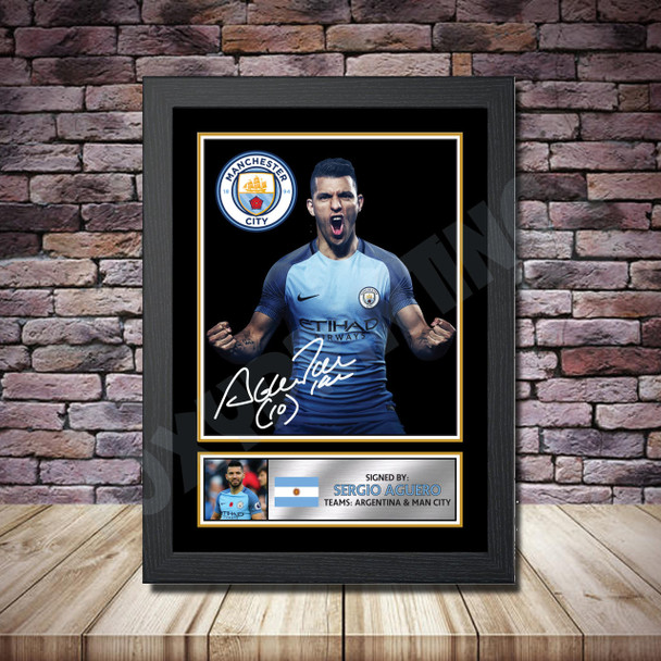 Personalised Signed Football Autograph print - Sergio Aguero -A4 A3 A2 A1 - Framed or Print Only
