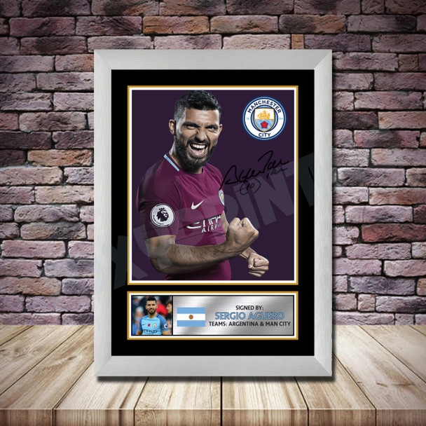 Personalised Signed Football Autograph print - Sergio Aguero 3 Purple -A4 A3 A2 A1 - Framed or Print Only