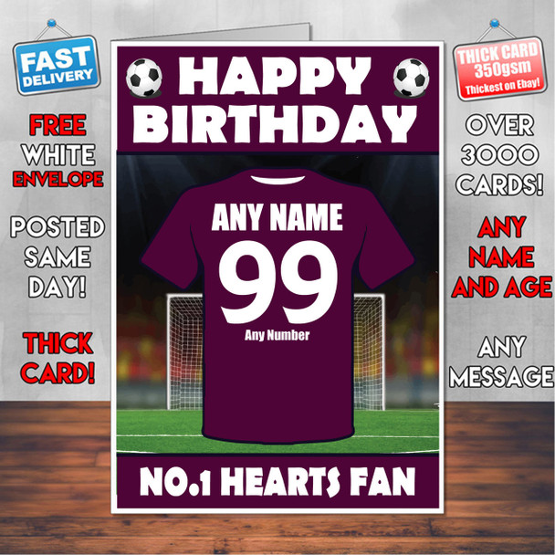 Personalised Hearts Football Fan Birthday Card - Soccer team - Any Age - Any Name - Any Message
