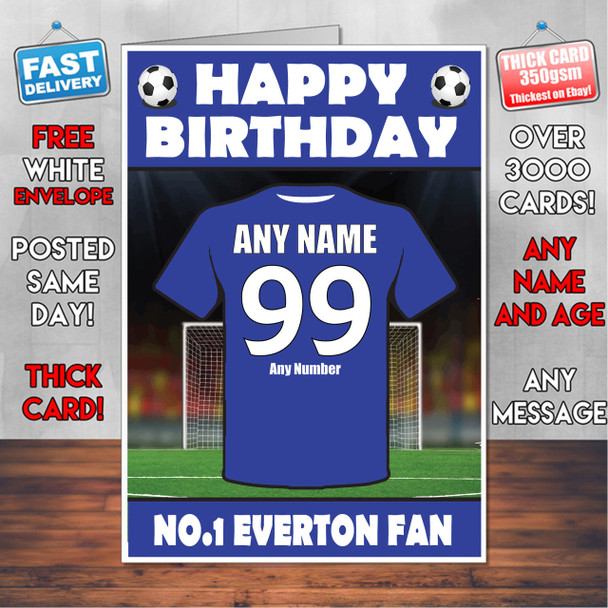 Personalised Everton Football Fan Birthday Card - Soccer team - Any Age - Any Name - Any Message