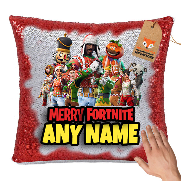 Hot Rod Red FORTNITE FN2 - White Design Magic Reveal Cushion Cover and Insert PERSONALISED Sequin Christmas