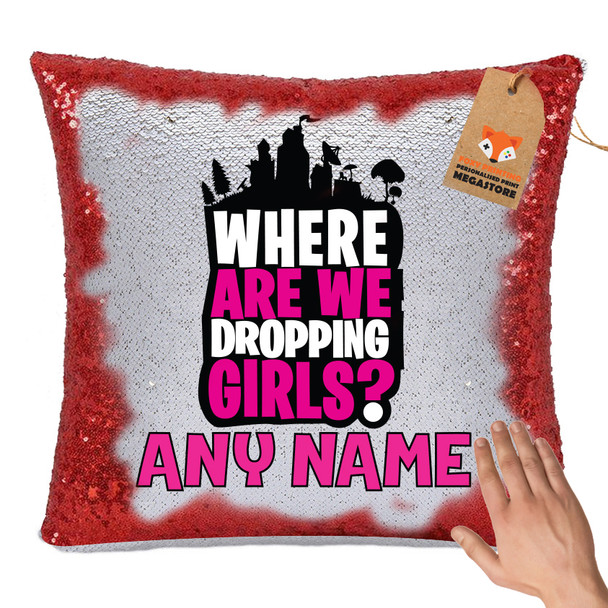 Hot Rod Red FORTNITE FN6 - White Design Magic Reveal Cushion Cover and Insert PERSONALISED Sequin Christmas