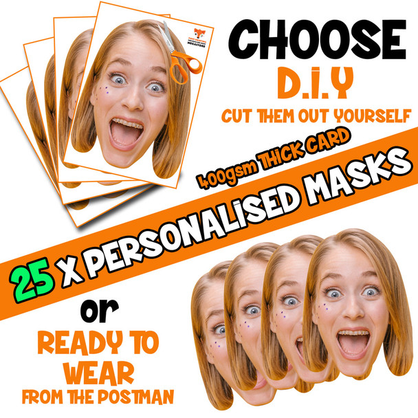 25 x PERSONALISED CUSTOM Hen Party Masks PHOTO DIY OR CUT PARTY FACE MASKS - Stag & Hen Party Facemasks