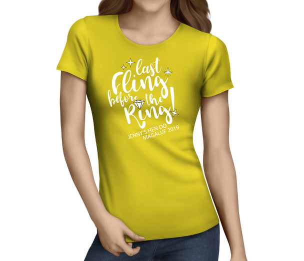 Last Fling Before The Ring White Custom Hen T-Shirt - Any Name - Party Tee