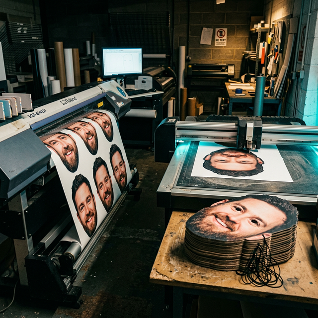 Masks being printed and cut in the workshop