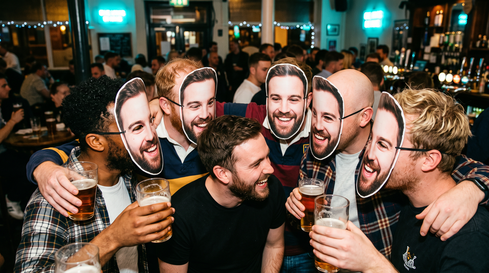 Stag do mates all wearing the groom's face