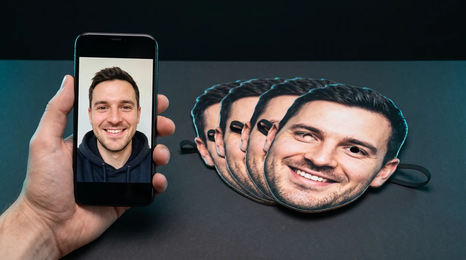A selfie on a phone next to printed masks of the same face