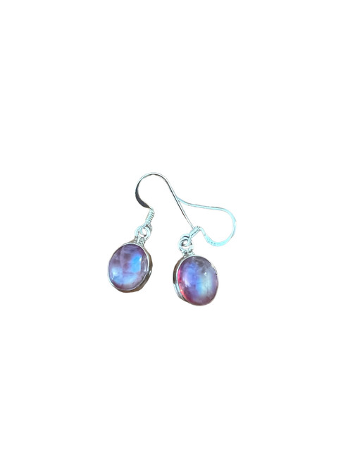 Pink rainbow moonstone round silver dangle earrings 06