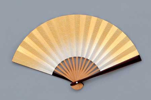 Sensu (fan): Seikaiha (Wave Crests) with Brown Lacquered Guards and Natural rRibs, 15.2 cm (6.0"), for Woman