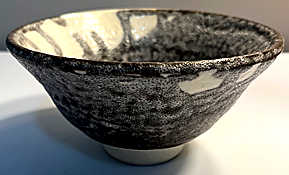 Chawan:  Black and Cream Glaze Tea Bowl with Oribe Inspired Design, 6-inch Diameter