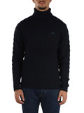 BLU SCURO | Maglia collo alto a trecce in misto lana merino e cashmere