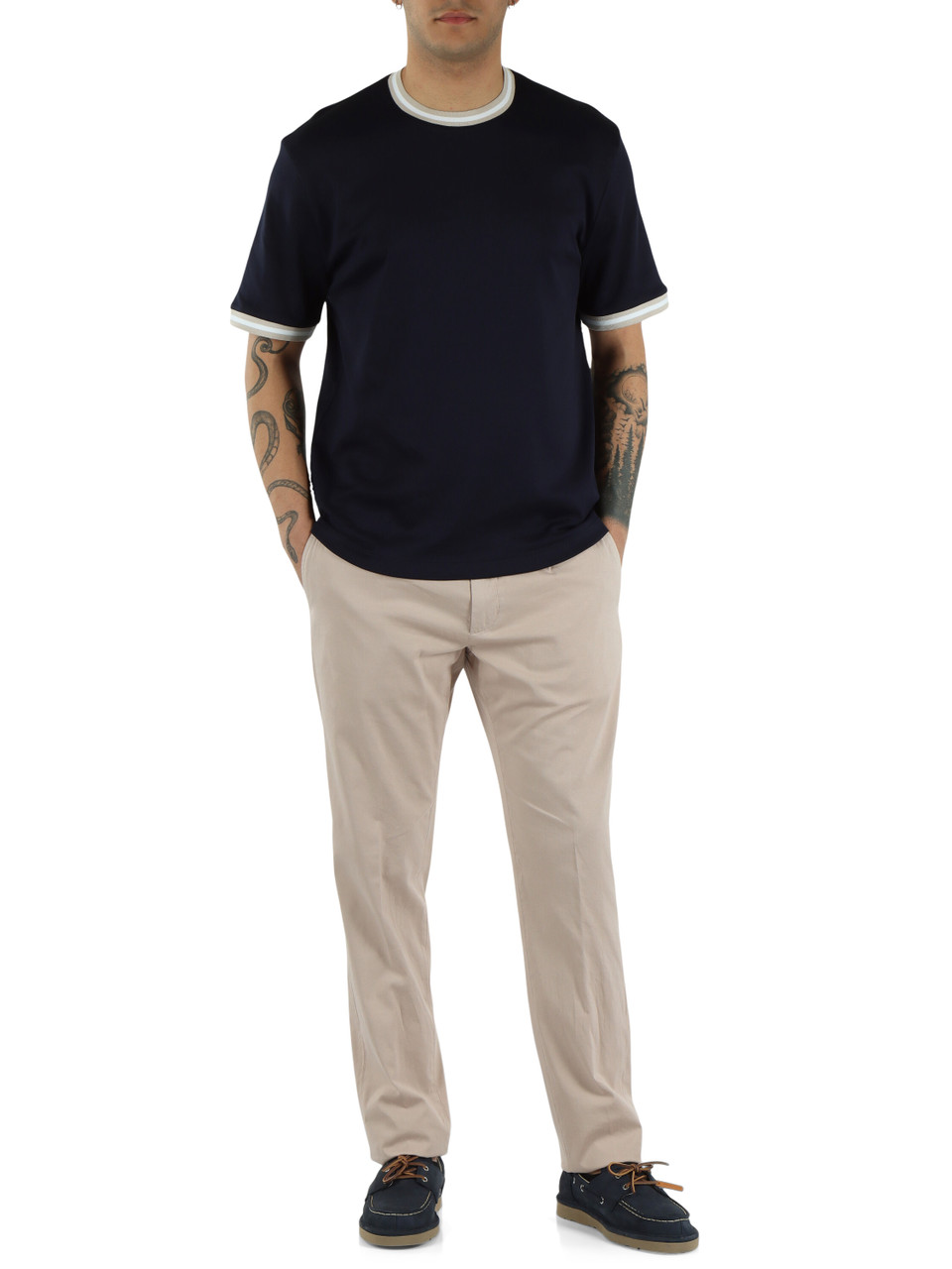 BLU SCURO | T-shirt in cotone Giza con inserti a contrasto
