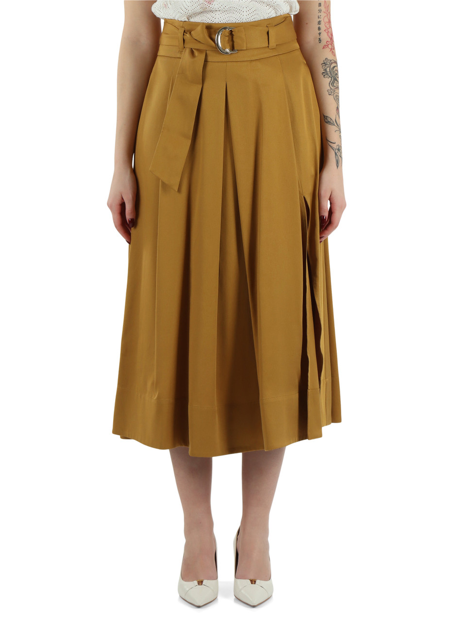 MARRONE CHIARO | Gonna midi in twill di lyocell con cintura