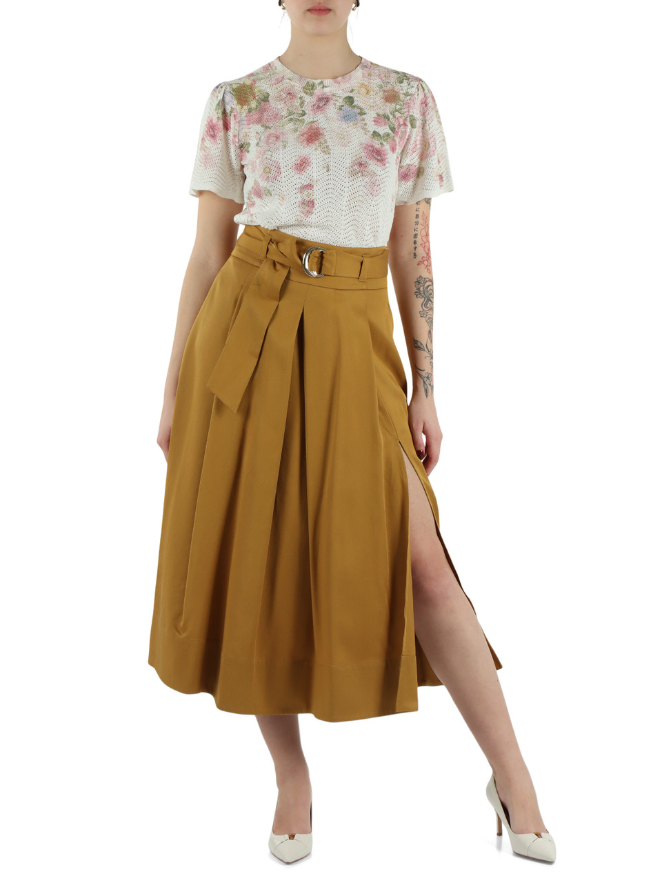 MARRONE CHIARO | Gonna midi in twill di lyocell con cintura