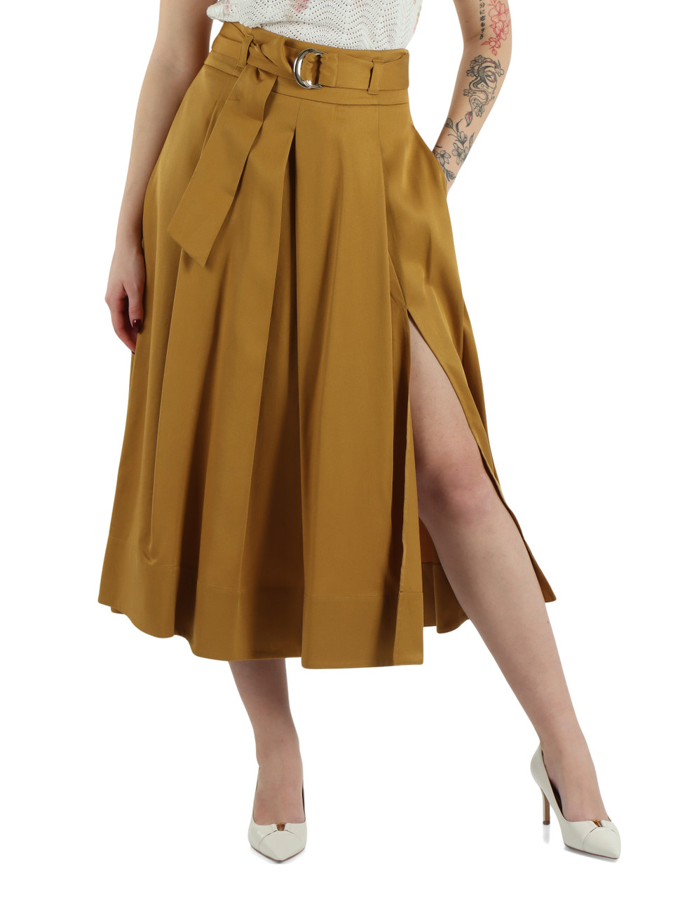 MARRONE CHIARO | Gonna midi in twill di lyocell con cintura