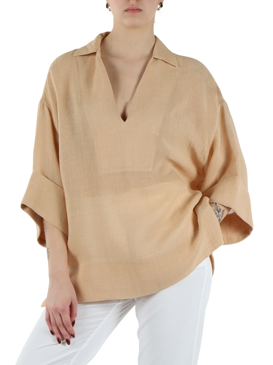 BEIGE | Blusa ampia in lino garzato
