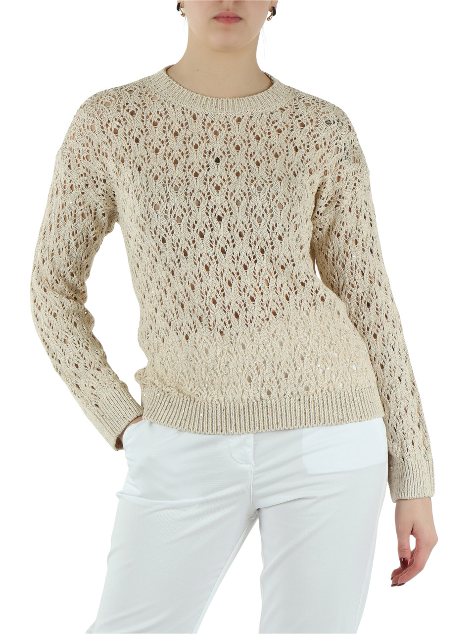 BEIGE | Maglia in misto cotone e lino con micro paillettes