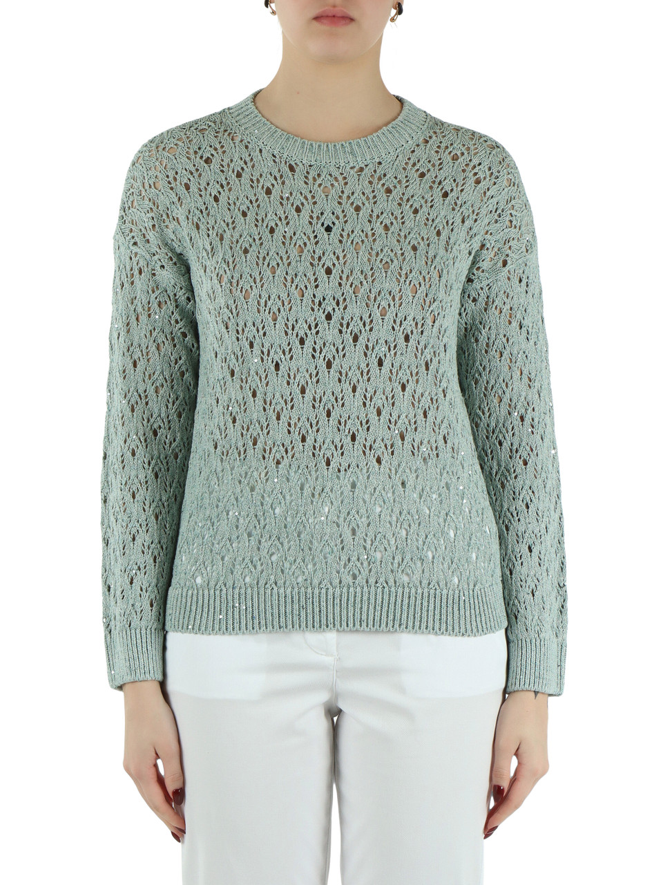 VERDE ACQUA | Maglia in misto cotone e lino con micro paillettes