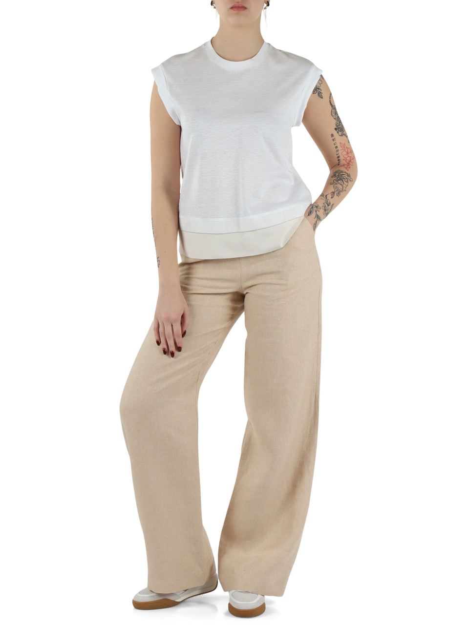 BIANCO | T-shirt in lino e cotone con inserto in seta