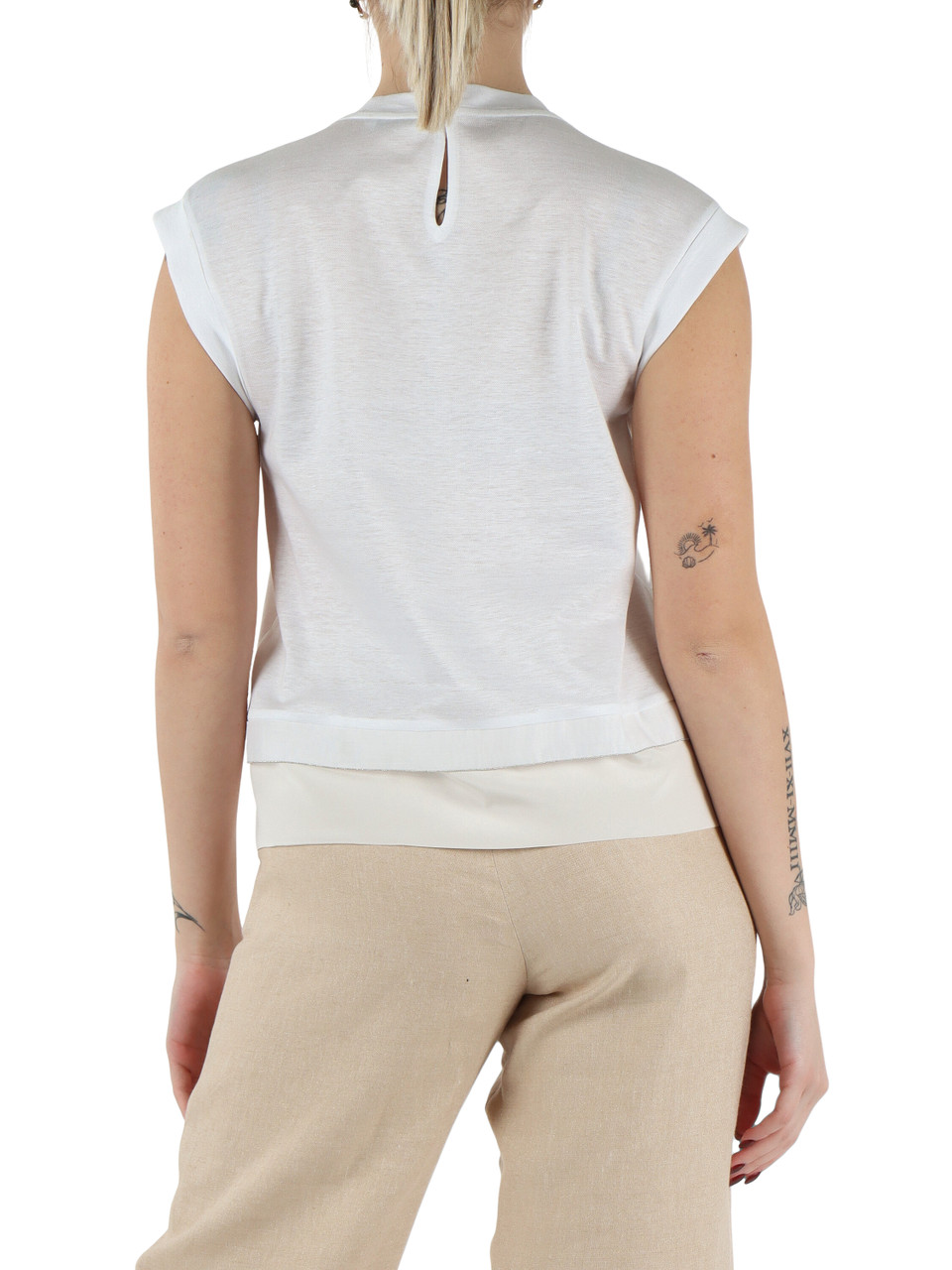 BIANCO | T-shirt in lino e cotone con inserto in seta