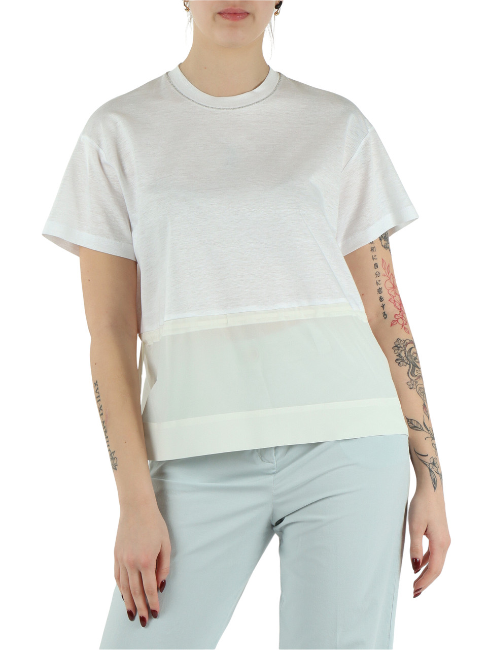BIANCO | T-shirt con coulisse in lino, cotone e seta