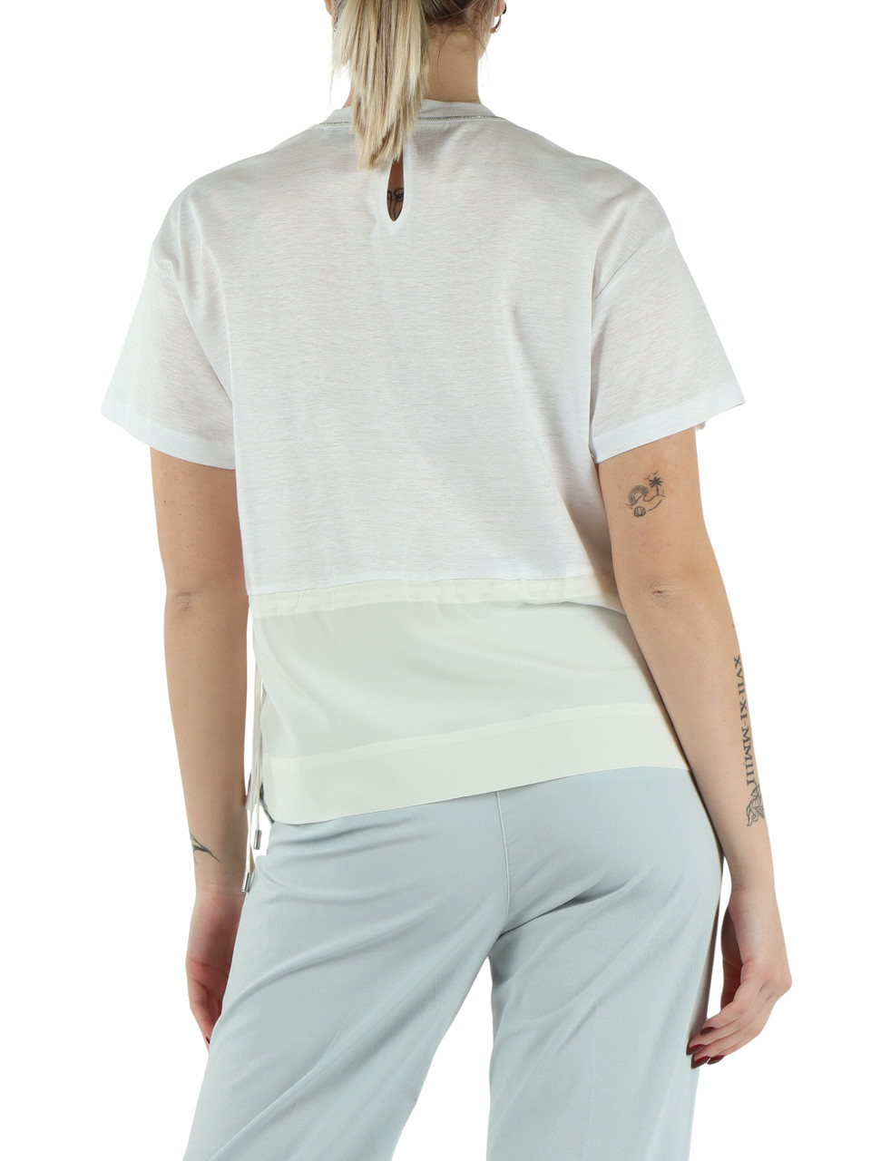 BIANCO | T-shirt con coulisse in lino, cotone e seta