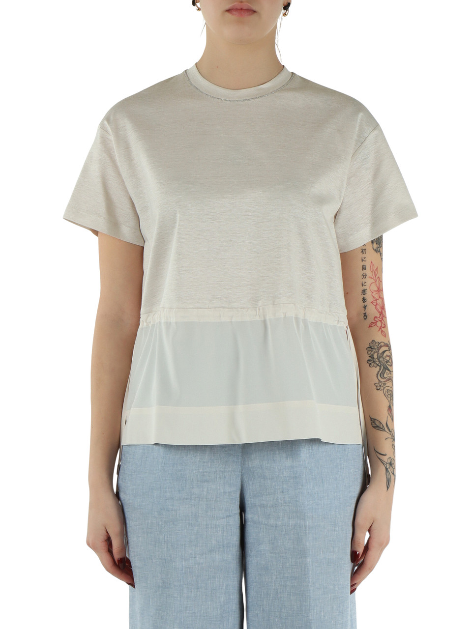 BEIGE | T-shirt con coulisse in lino, cotone e seta