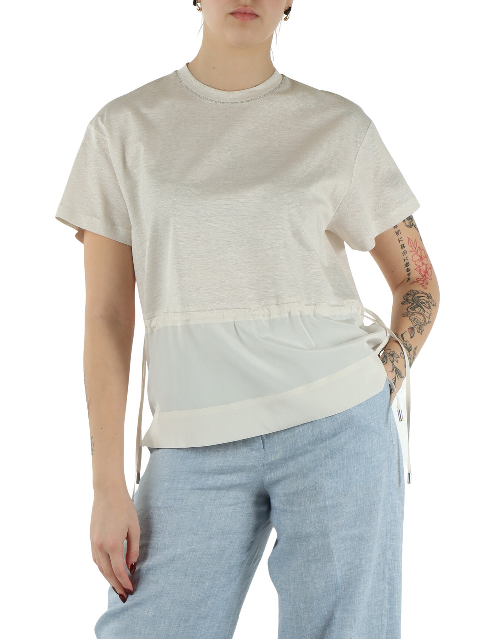 BEIGE | T-shirt con coulisse in lino, cotone e seta