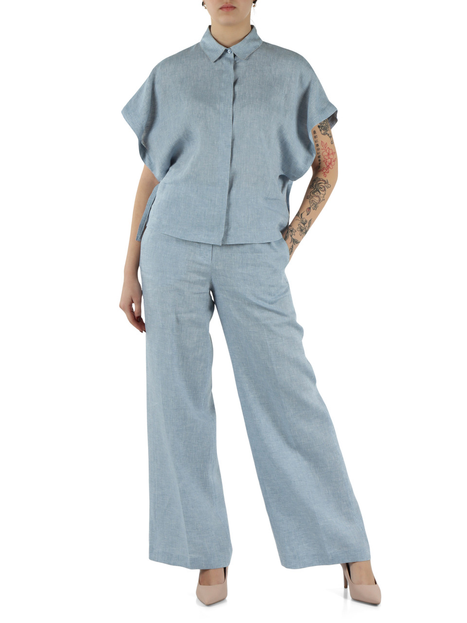 AZZURRO | Pantalone gamba larga in lino