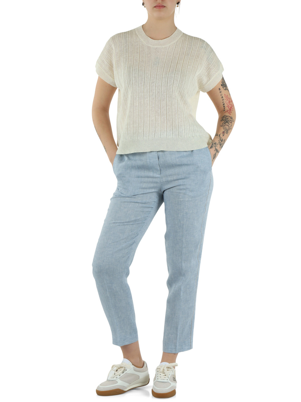 AZZURRO | Pantalone in lino con dettaglio punto luce