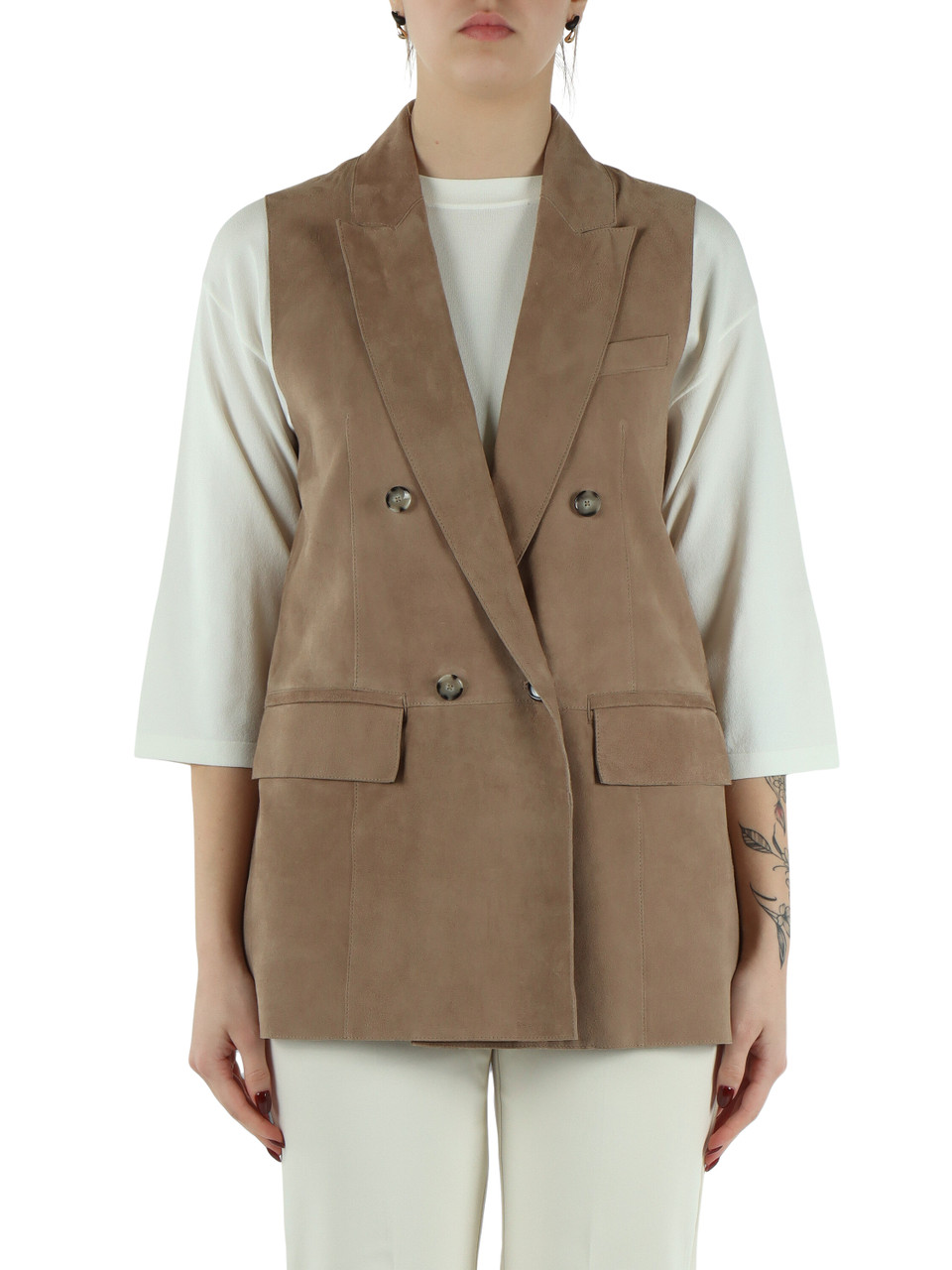 BEIGE | Gilet doppiopetto in suede LANAI