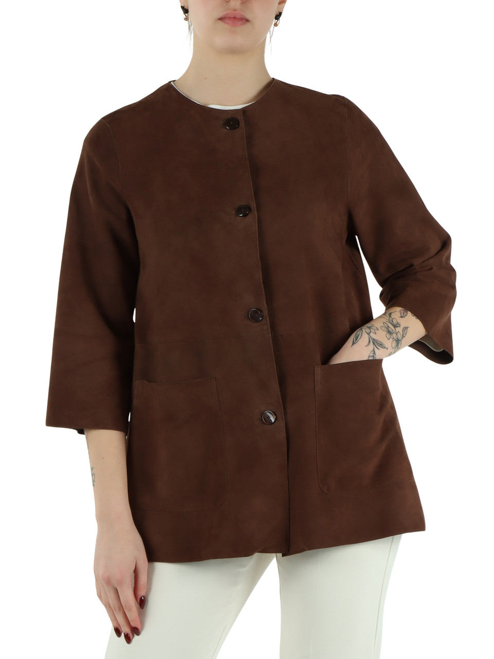 MARRONE | Giacca girocollo in suede DOMENIQUE