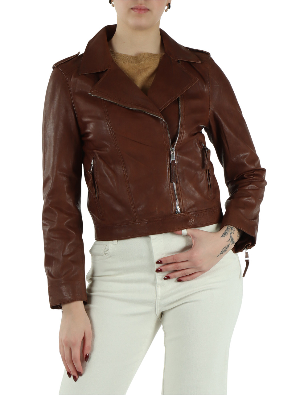 MARRONE | Giacca chiodo in pelle CICLONE