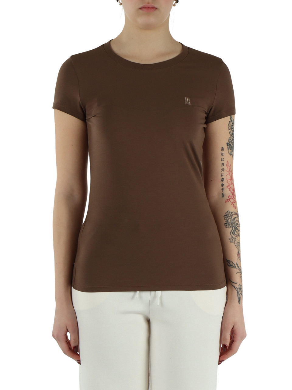 MARRONE | T-shirt slim fit in cotone stretch con ricamo logo