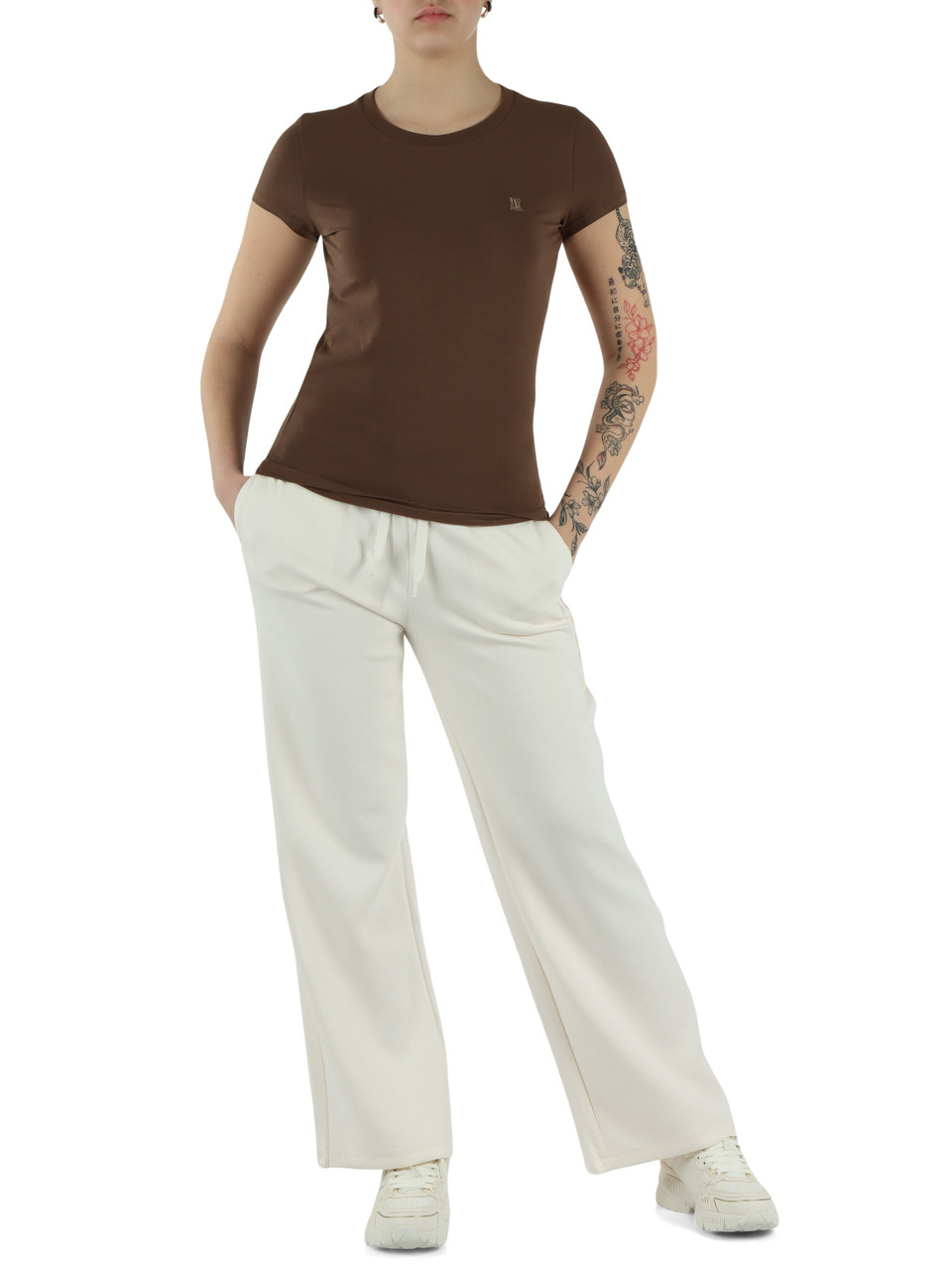 MARRONE | T-shirt slim fit in cotone stretch con ricamo logo