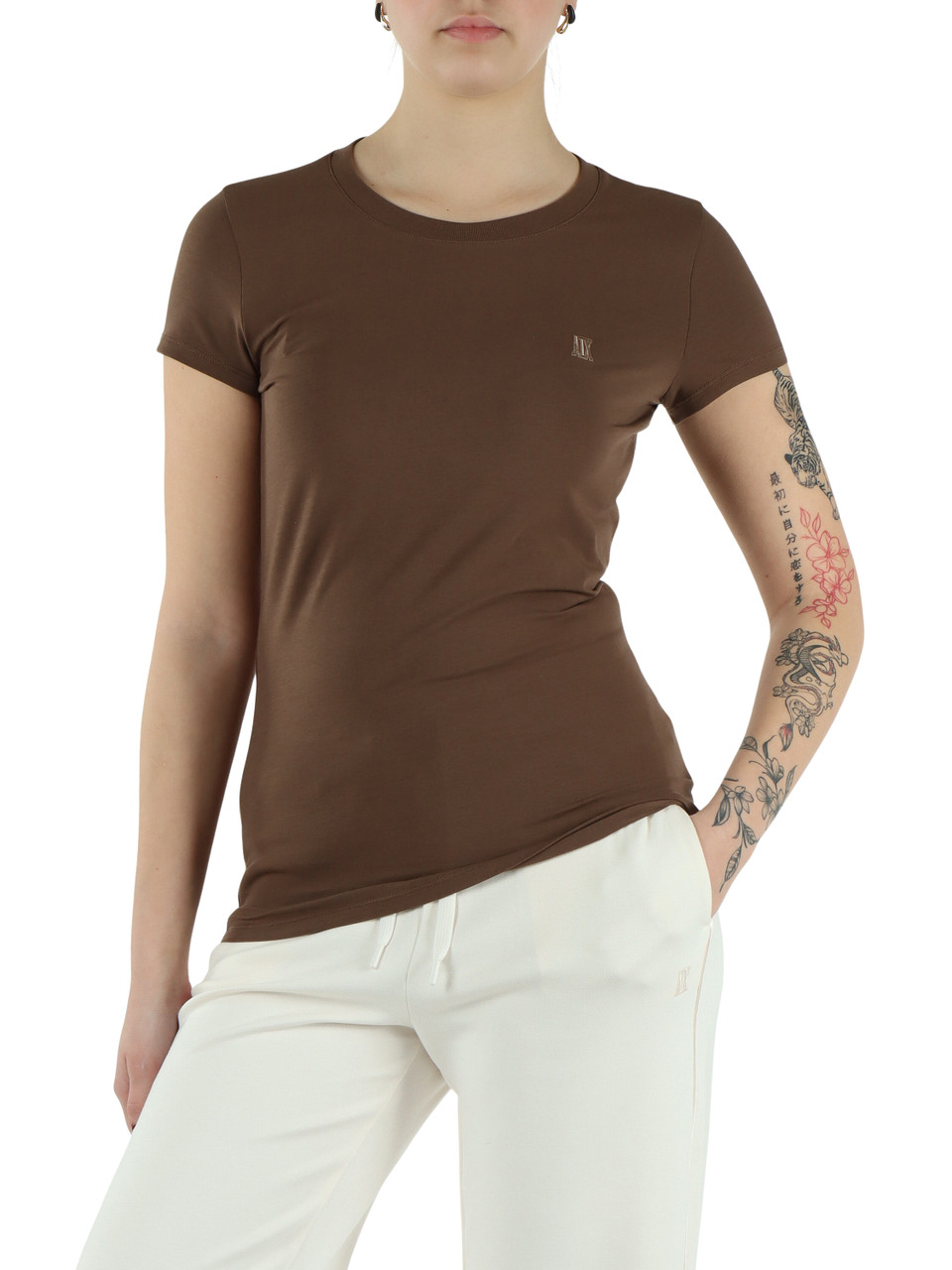 MARRONE | T-shirt slim fit in cotone stretch con ricamo logo