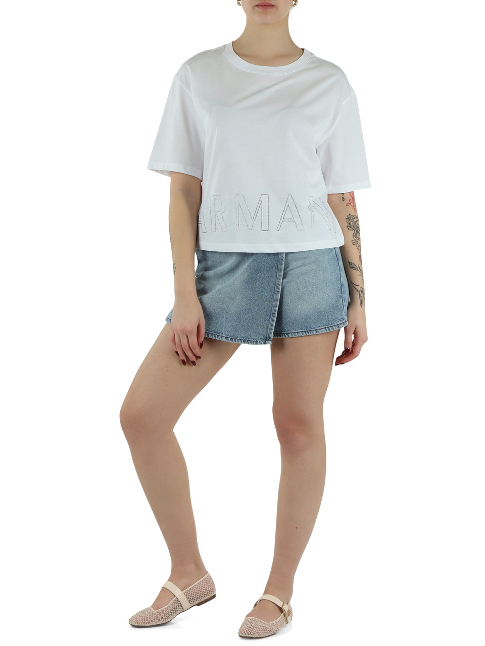 WEISS | Cropped T-Shirt aus Baumwolle mit Strass-Logo