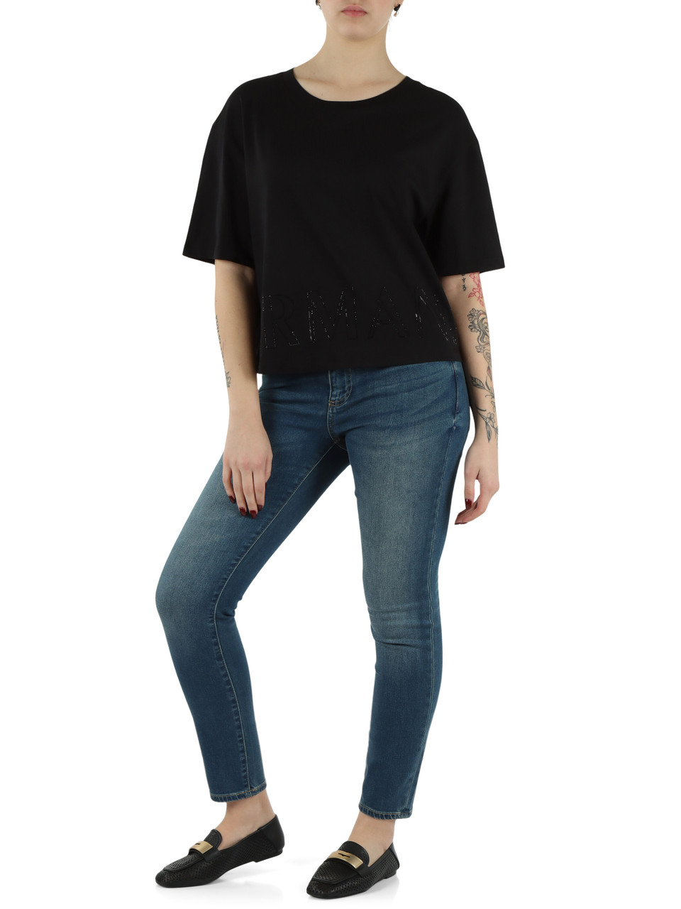 SCHWARZ | Cropped T-Shirt aus Baumwolle mit Strass-Logo