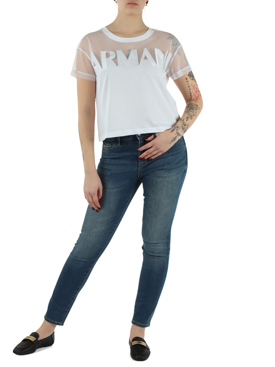 WEISS | Cropped T-Shirt aus Baumwolle und Tüll