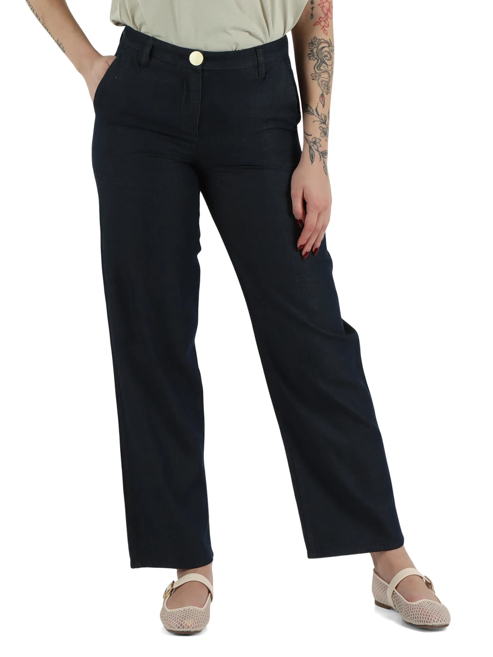 Dunkelblau | Baumwollhose in Denim-Optik