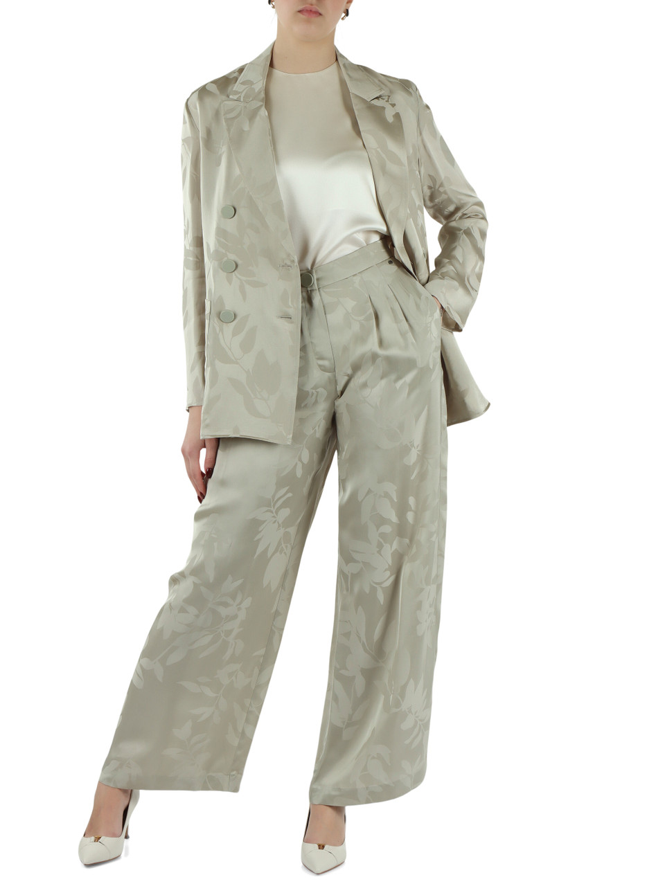 VERDE CHIARO | Pantaloni gamba larga in satin di viscosa jacquard