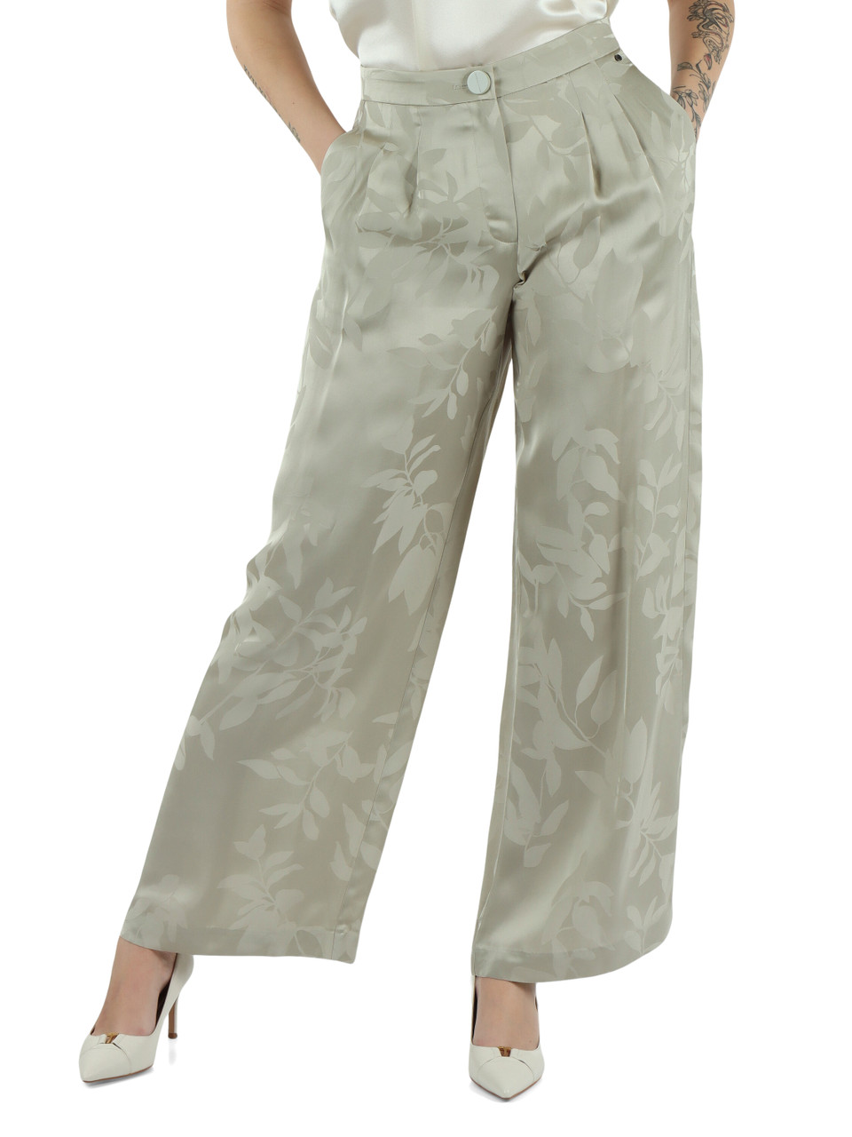 VERDE CHIARO | Pantaloni gamba larga in satin di viscosa jacquard