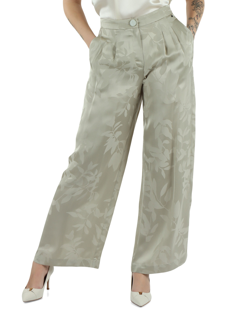 SALVIA | Pantaloni gamba larga in satin di viscosa jacquard