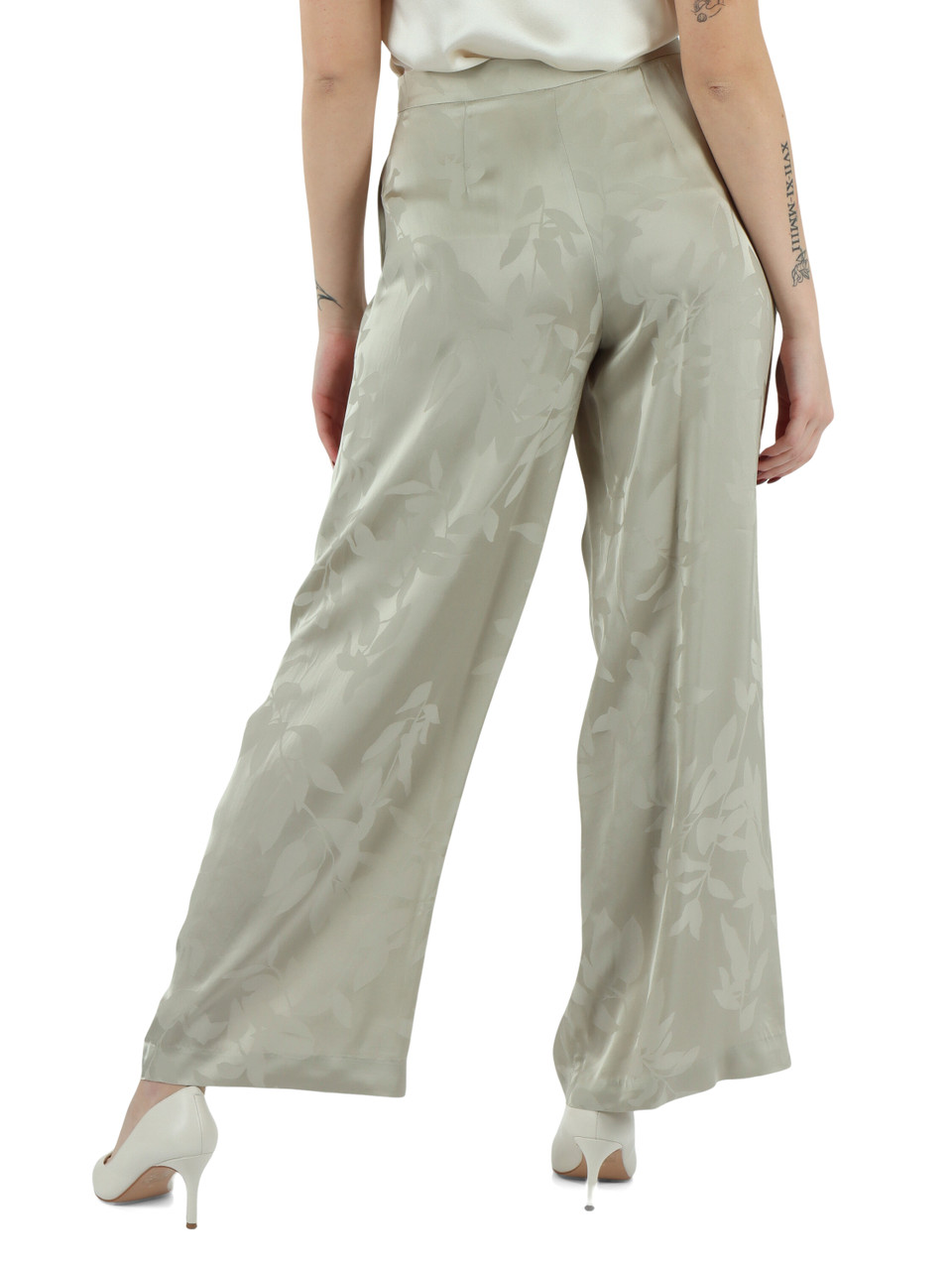 VERDE CHIARO | Pantaloni gamba larga in satin di viscosa jacquard