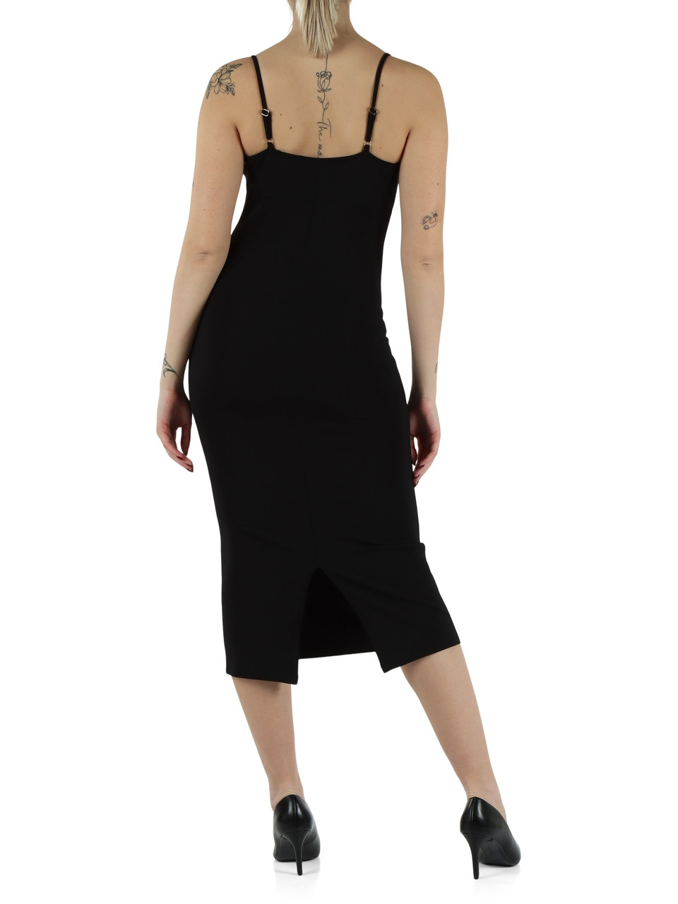NERO | Abito midi aderente con logo in strass